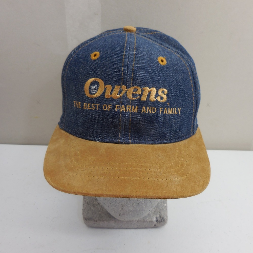 Vintage Otto Cap Owens Farm and Family Denim Suede Snapback Hat Blue Tan